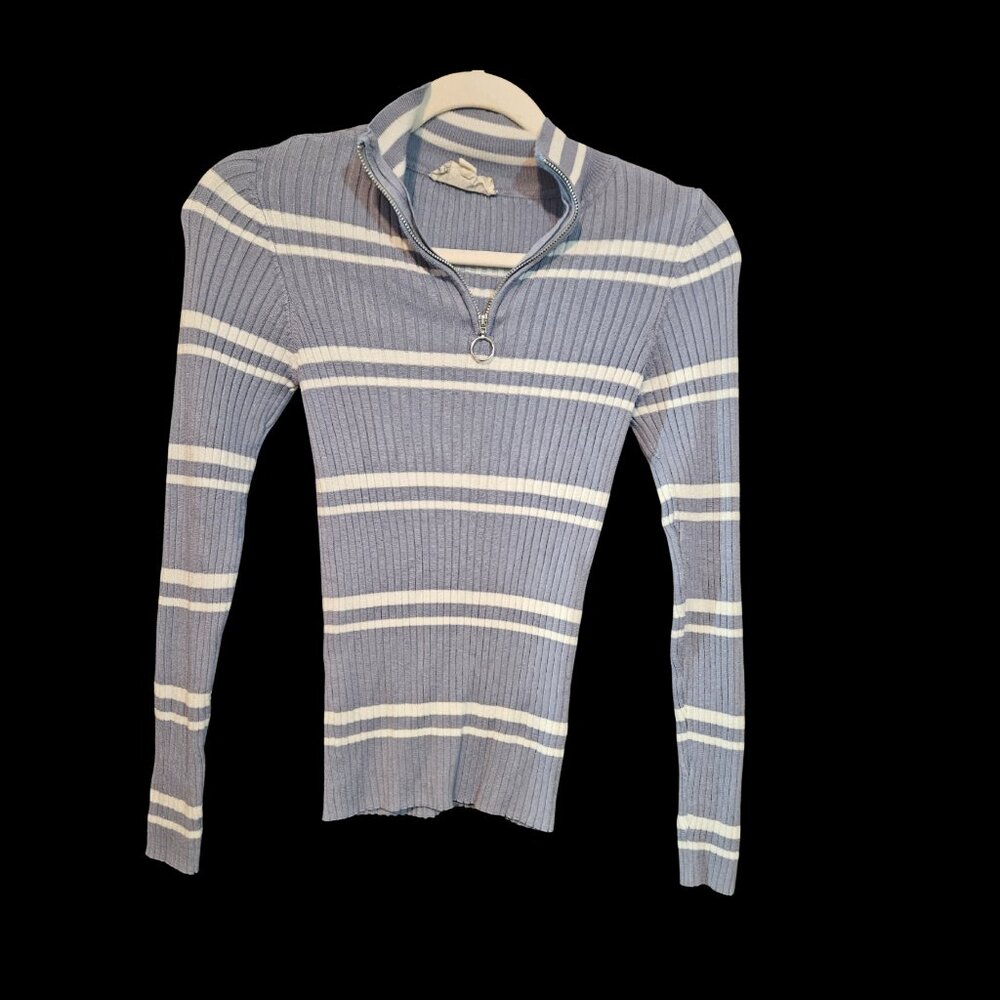 Pink Republic Blue & White Striped Ribbed Quarter Zip Sweater Size Small